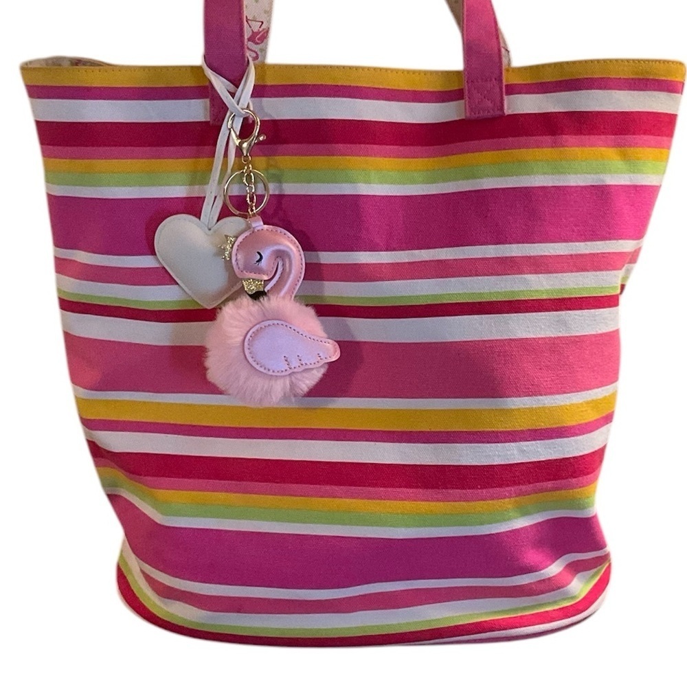Striped Canvas Flamingo Beach Tote Bag - Picture 2 of 8